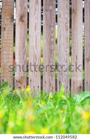 wooden fence background with green grass border. Focus on fence