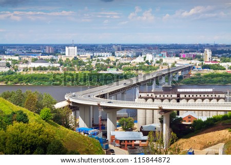 View of Nizhny Novgorod.  Metro Bridge through Oka River. Russia
