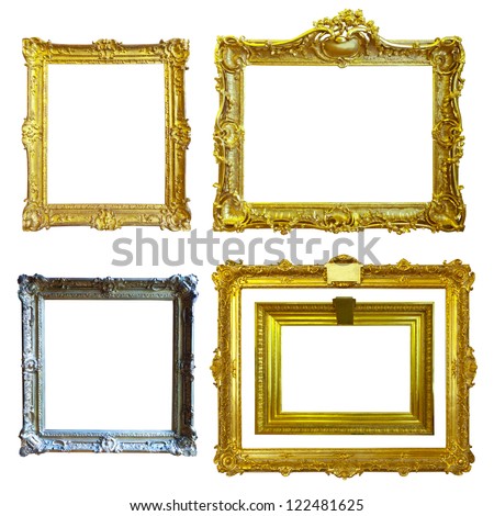 Set Of 5 Gold Frames. Isolated Over White Background With Clipping Path