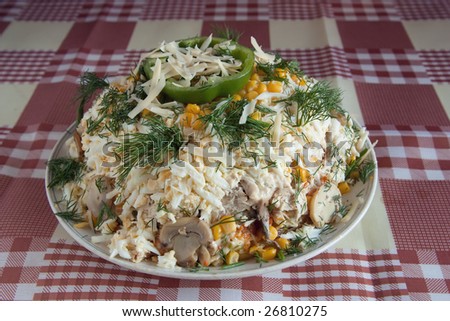 an appetizing Salad inclusive  cultured mushrooms and boiled chicken