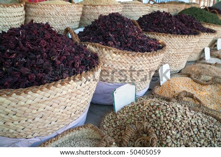 hibiscus tea and other food in baskets on sale