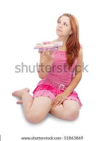 girl in pink dress with cosmetic box
