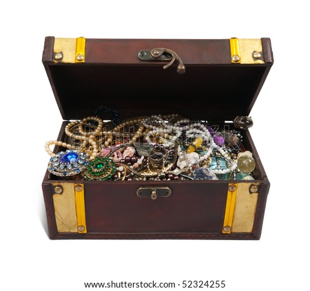 Wooden Treasure Chest With Valuables And Gem, Isolated With Clipping ...