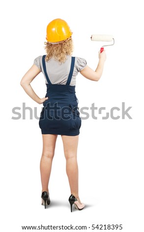 female house painters with paint rollers. Isolated over white background
