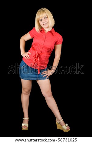Blonde girl in red blouse and short skirt over black
