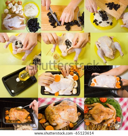Stages of preparation stuffed roasted chicken