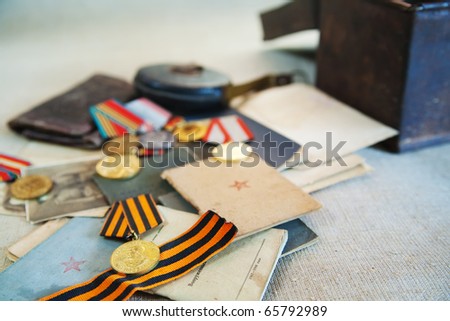 Old army documents and Soviet military medals  of World War II