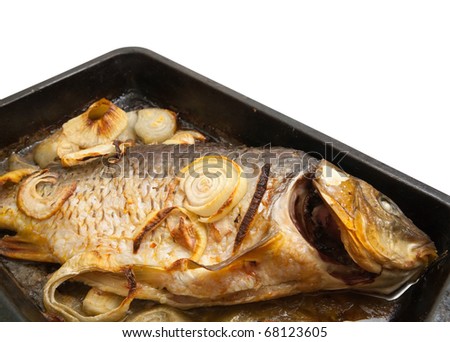 Closeup of grilled carp fish  on the cook griddle over white