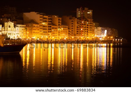 View of Sliema from sea side in night. Malta