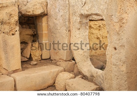 Doors in Hagar Qim neolithic temples. Malta (Maltese islands). Built in 3600-3200 B.C.