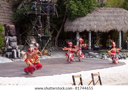 SALOU, SPAIN - APRIL 13:  Port Aventura theme Park in April 13, 2011 in Salou, Spain.  Dancers performance traditional show at Polynesian area