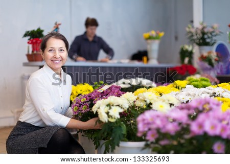 mature woman chooses chrysanthemum at flower store