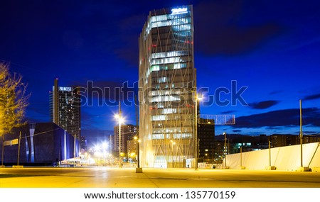 BARCELONA, SPAIN - APRIL 9: Night view of skyscrapers district in April 9, 2013 in Barcelona, Spain. Sant Marti is most populated district in city - population of 221,029 (2005)