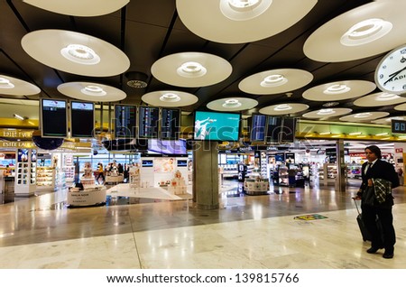 MADRID, SPAIN - APRIL 26: Interior with Duty free in Barajas Airport in April 26, 2013 in Madrid, Spain. In 2012 the airport handled 45,195,014 passengers