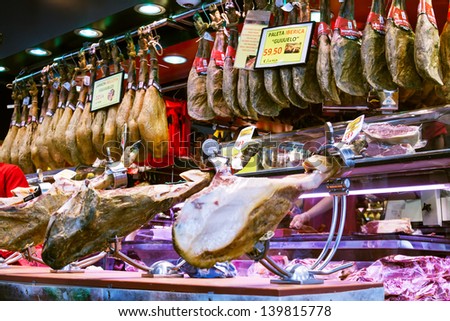 BARCELONA, SPAIN - MARCH 28: hamon at La Boqueria market in March 28, 2013 in Barcelona, Spain. Market has been known since 1217. Now - one of the city\'s foremost tourist landmarks