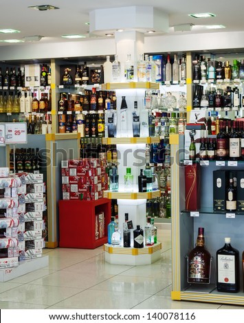 ANDORRA LA VELLA, ANDORRA - MAY 8: Alcohol duty-free store in May 8, 2013 in Andorra la Vella, Andorra. Andorra la Vella located between France and Spain and famous for its duty-free shops