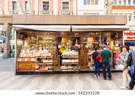 Barcelona, Spain - March 28: Kiosk With Sweets At La Rambla In March 28, 2013 In Barcelona, Spain. La Rambla One Of Symbol Of City. Center Of Touristic Life