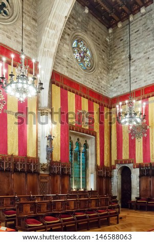 BARCELONA, CATALONIA - APRIL 23:  Gothic architecture of Ajuntament de Barcelona in April 23, 2013 in Barcelona, Catalonia.  Hall named Council of One Hundred dated 1369 - 1373