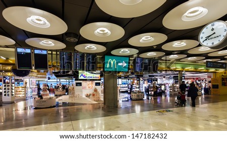 MADRID, SPAIN - APRIL 26: Duty free shop in Barajas Airport in April 26, 2013 in Madrid, Spain. In 2012 the airport handled 45,195,014 passengers