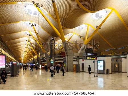 MADRID, SPAIN - APRIL 26: Interior of Barajas Airport in April 26, 2013 in Madrid, Spain. In 2012 the airport handled 45,195,014 passengers