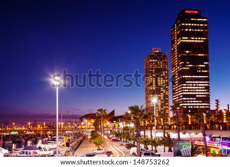 BARCELONA, SPAIN - MARCH 18: Night view of Port Olimpic in March 18, 2013 in Barcelona, Spain. It hosted the sailing events for the 1992 Summer Olympics. Now - center of nightlife