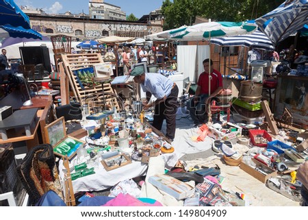 BARCELONA, SPAIN - JUNE 14: Encants Vells market in June 14, 2013 in Barcelona, Spain.  This is one of the oldest markets in Europe, has been known since the 14th century