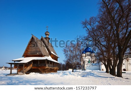 Wooden Nikola's church  and Cathedral of the Nativity at Suzdal in winter. Russia