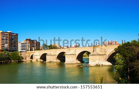Stone Bridge over Ebro river  also called the Bridge of Lions in Zaragoza. Aragon, Spain