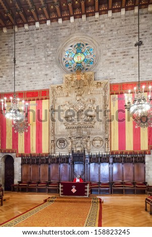 BARCELONA, SPAIN- APRIL 23:  Gothic architecture of Ayuntamenty de Barcelona in April 23, 2013 in Barcelona, Spain.  Hall named Council of One Hundred dated 1369 - 1373