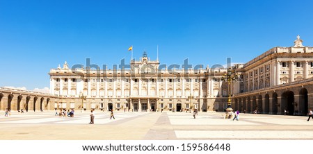 MADRID, SPAIN - AUGUST 29: Facade of Royal Palace on August 29, 2013 in Madrid, Spain. Royal Palace of Madrid - is official residence of Spanish Royal Family