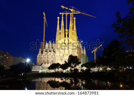Barcelona, Spain - July 14: Sagrada Familia In Night In July 14, 2013 In Barcelona, Spain. Basilica And Expiatory Church Of The Holy Family By Gaudi, Building Is Begun In 1882