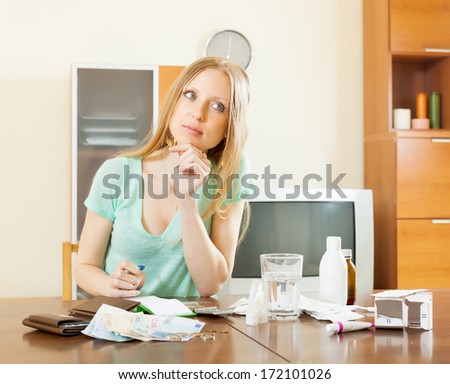 serious  blonde woman with medications and money at table in living room