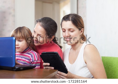 Happy family on the sofa with electronic devices at home