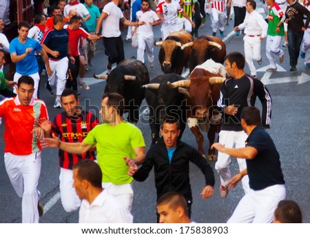 SAN SEBASTIAN DE LOS REYES, SPAIN - AUGUST 29: Encierro - Running of the Bulls in August 29, 2013 in San Sebastian de los Reyes, Spain. Running crowd of people and bulls