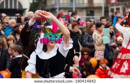 BARCELONA, SPAIN - MARCH 2, 2014: Dancing people at Carnival Balls at Placa Comercial in Barcelona