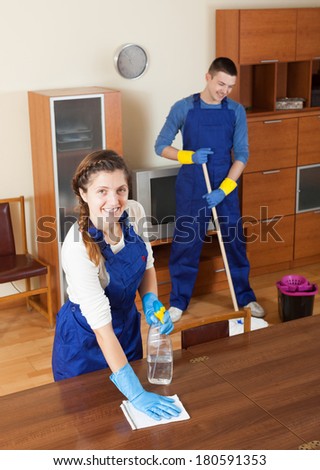 Team of professional cleaners cleaning in living room