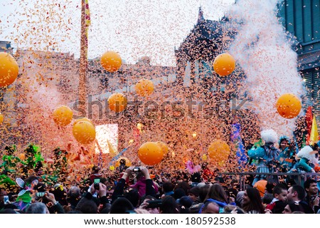BARCELONA, SPAIN - MARCH 2, 2014: Carnival in Barcelona. People at battles of Taronjada