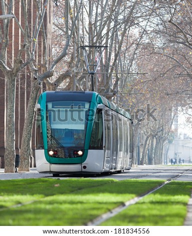 tram on street of city in winter. Barcelona