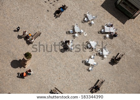 BARCELONA, SPAIN - MAY 18: Top view of tables  of cafe at Tibidabo Amusement Park in May 18, 2013 in Barcelona, Spain.  Park area of 70,000 square meters and is the oldest amusement park in Spain