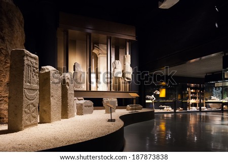 BADALONA, SPAIN - FEBRUARY 16, 2014: Exhibits of Badalona Roman Museum.  Museum was opened in 1966, one can visit the remains of the Roman city of Baetulo underneath the building