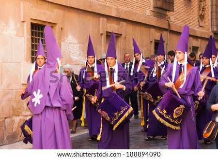 MURCIA, SPAIN - APRIL 15, 2014: Drummers at Semana Santa in Murcia. Semana Santa or Holy Week is Christian religious processions at Spanish cities and town
