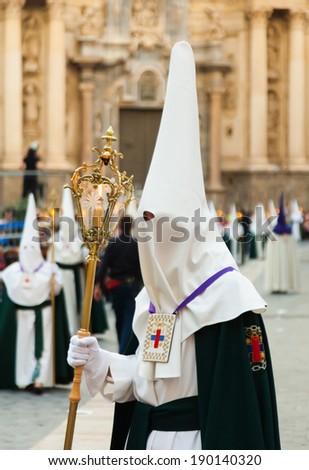 MURCIA, SPAIN - APRIL 15, 2014: Holy Week in Spain. Holy Week is  annual commemoration by Christian religious brotherhoods, processions on the streets