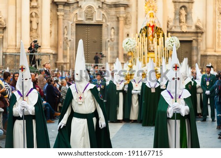 MURCIA, SPAIN - APRIL 15, 2014: Holy Week in Spain. Holy Week is  annual commemoration  by Catholic religious brotherhoods, processions on the streets of almost every Spanish city and town