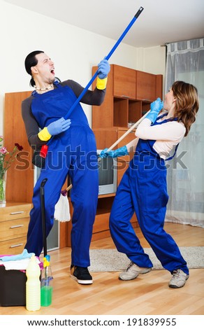 Playful cleaning premises team is ready to work
