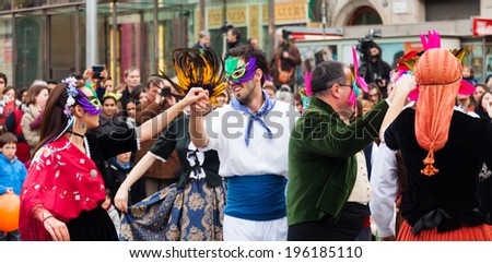 BARCELONA, SPAIN - MARCH 2, 2014: Dancing people at Carnival Balls to the Popular Culture and Traditional Catalan