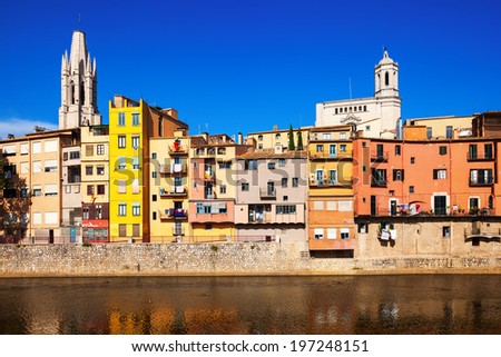 Picturesque houses on the river bank in Girona. Spain