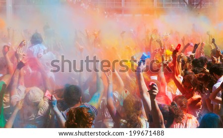 BARCELONA, SPAIN - APRIL 6, 2014: People at Festival of colors Holi Barcelona. It is traditional holiday of India