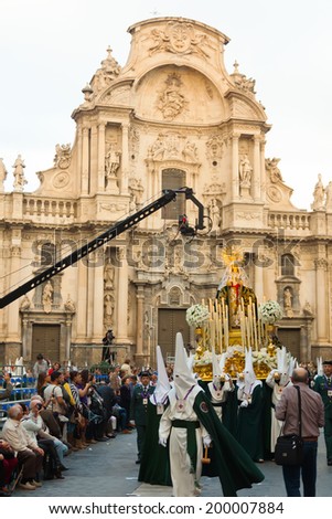 MURCIA, SPAIN - APRIL 15, 2014: Semana Santa in Murcia. Holy Week is  annual commemoration  by Catholic religious brotherhoods