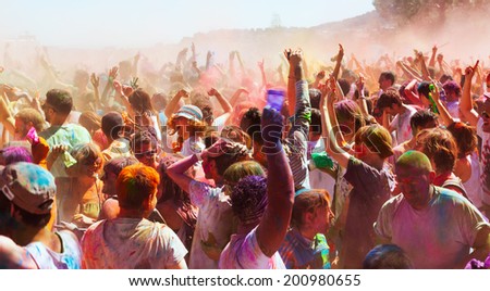 BARCELONA, SPAIN - APRIL 6, 2014: People at Festival of colors Holi Barcelona. Holi is traditional holiday of Indian Culture