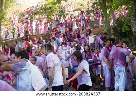 HARO, SPAIN - JUNE 29, 2014: People during Haro Wine Festival. People pour wine at each other from buckets during festival Batalia de Vino